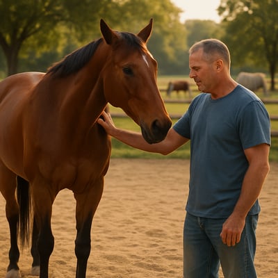 In a serene equestrian therapy arena a combat veteran stands alongside a majestic 16hand Thoroughbred mare named Liberty The soft golden sand beneath-Nov-10-2025-10-20-19-2293-PM