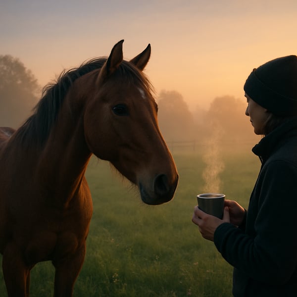 The image captures a serene dawn scene in a quiet pasture bathed in soft golden light In the foreground a horse stands calmly its head lowered slightly exhibiting a relaxed posture The horse possesses a deep brown eye reflecting a sense of connection