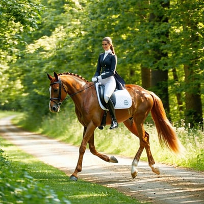 The image showcases a serene outdoor scene featuring a Tennessee Walking Horse its shiny chestnut coat glistening in the sunlight The horse is captured midstride exhibiting its famous running walk with an elegant smooth gait that emphasizes its fluid